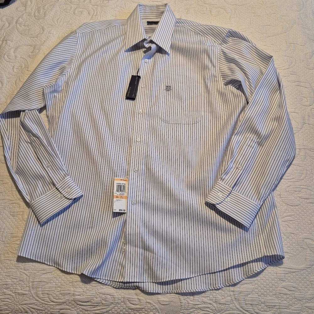 Club Room men's 16 1/2 34/35 shirt white with blue stripe long sleeve NWT